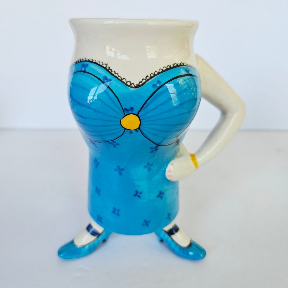 Blue Sky Ceramic Lady in Blue Dress 3 Legs Figural Novelty Mug Kitschy Retro
